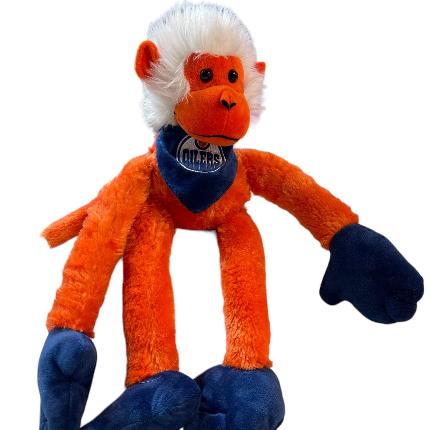 Oiler's Hanging Monkey 16" Orange & Blue with White Hair and Bandana, Velvet Accents