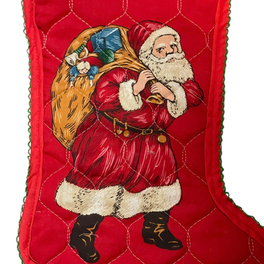 Handmade Quilted Lace Trimmed Vintage Print Santa Christmas Stocking with Crochet Trim