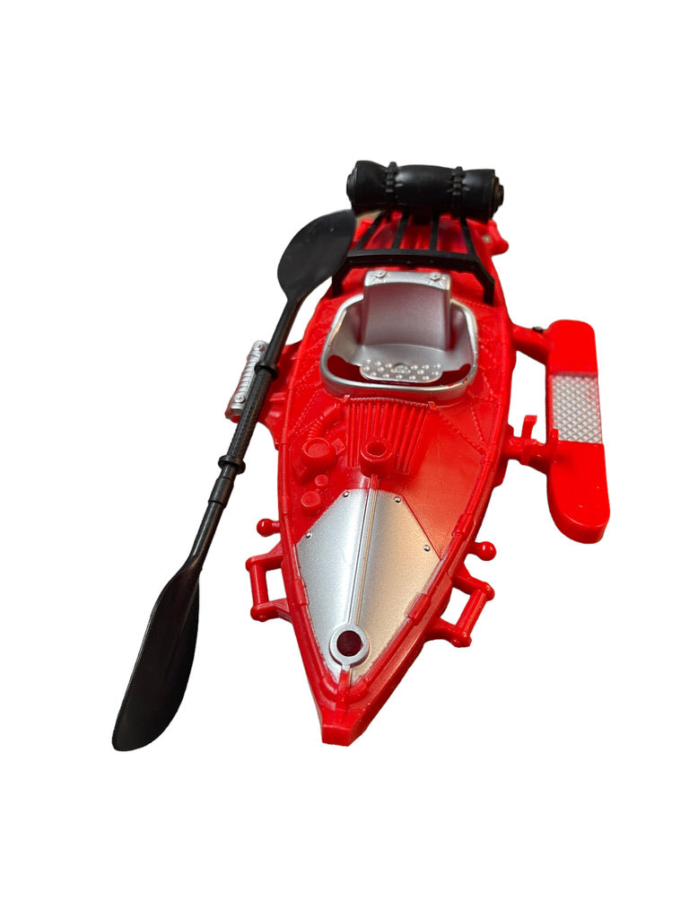 Red Plastic Kayak with Paddle, Black and Silver Accents in GUC