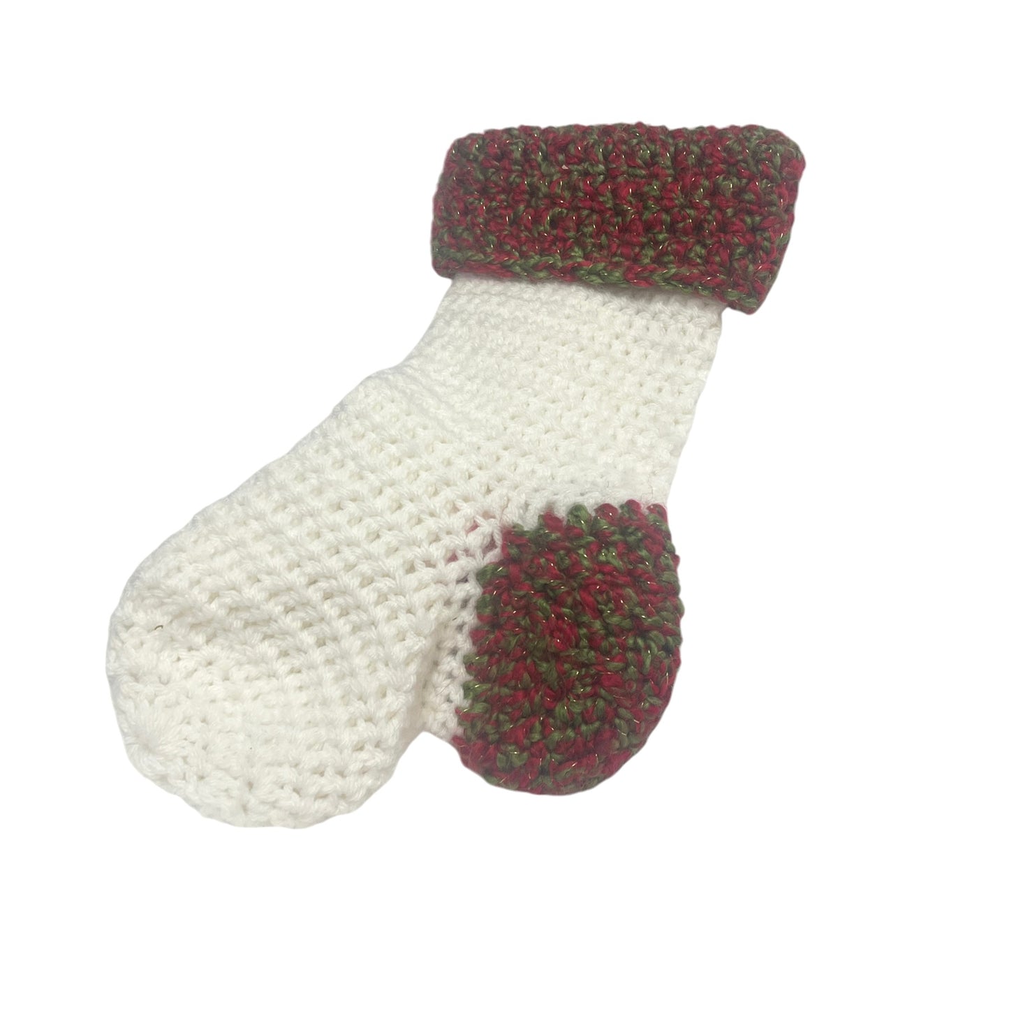 Handmade Chunky White Knit/Crochet Christmas Stocking with Veriegated Green, Red, Gold Cuff & Toe