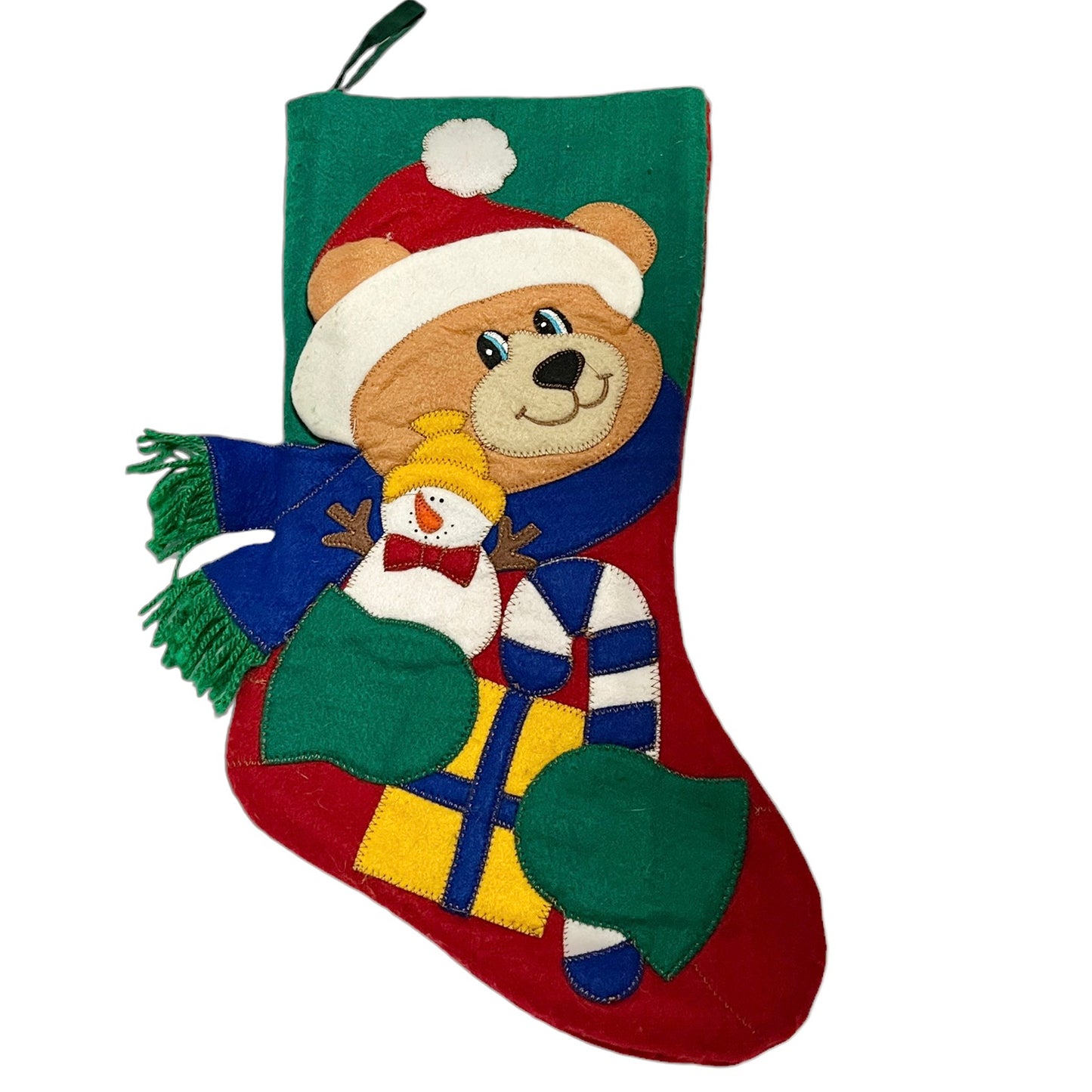 Dandee Teddy Bear Applique Christmas Stocking with a Snowman, Candy Cane and More!