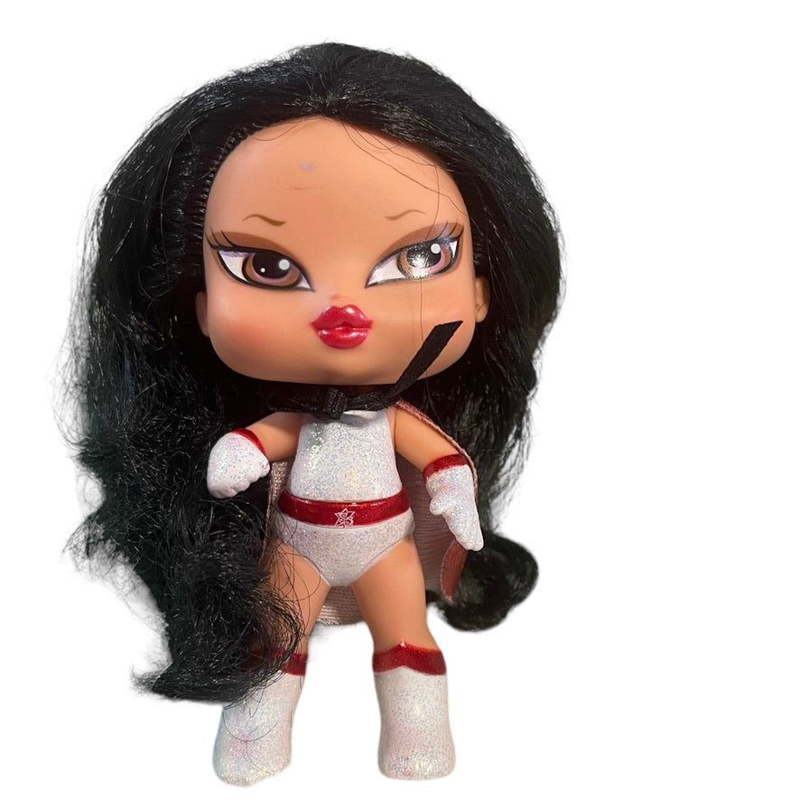 Bratz Super Babyz Superhero, 'Jade,' 5" Doll Luxurious Black Hair White & Red Glitter Outfit with Cape