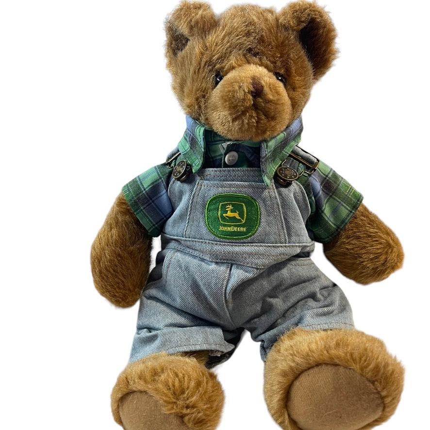 Cuddly 15" Bear Works Teddy in John Deere Coveralls & Green Plaid Shirt