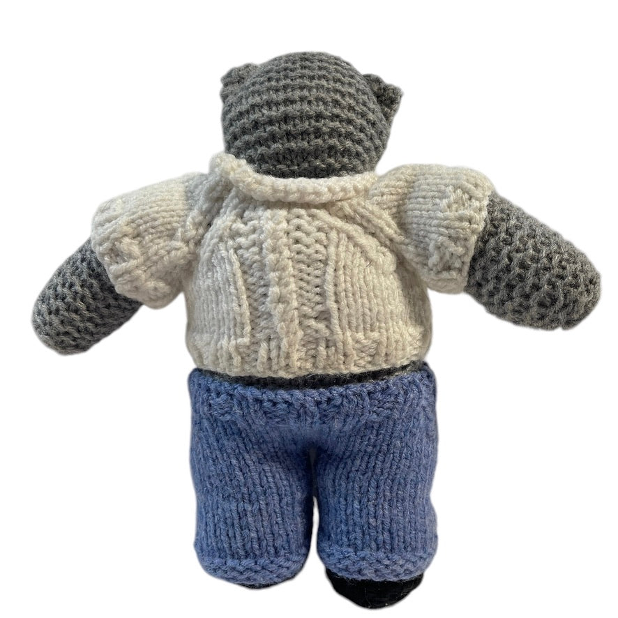 Hand Knitted/Crocheted Overstuffed 9.5" Grey Bear in Cream Knit Sweater and Blue Knit 'Jeans'