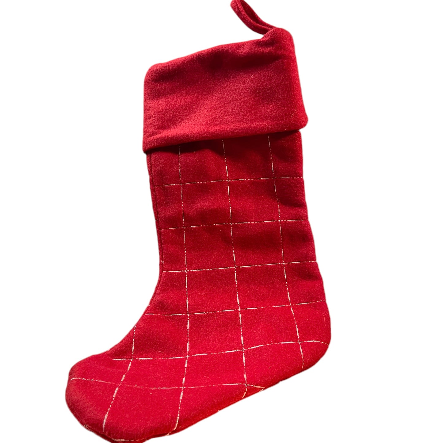 Generous Red Fleece Christmas Stocking, Gold Stitching and Embroidered Snowflakes in EUC