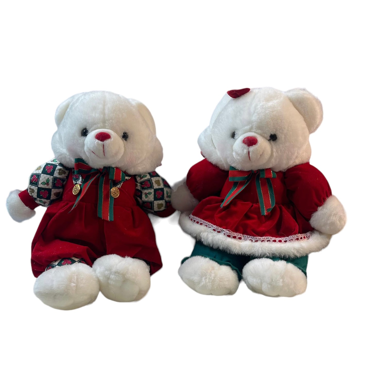 Twin Vintage Christmas Bears in Red Velvet Coordinating Outfits EUC