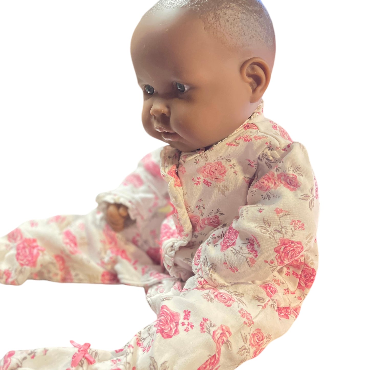 Berenguer African 20" Soft Bodied Baby Doll, Lace Bonnet, Sweet Little Me Floral Sleeper 6M