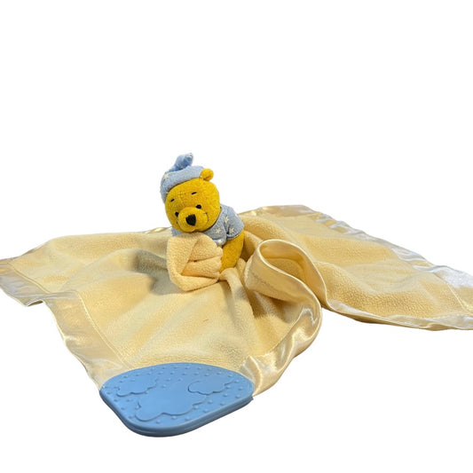 Disney Winnie the Pooh Security Lovey Blanket Yellow Satin Edged with Blue Teether