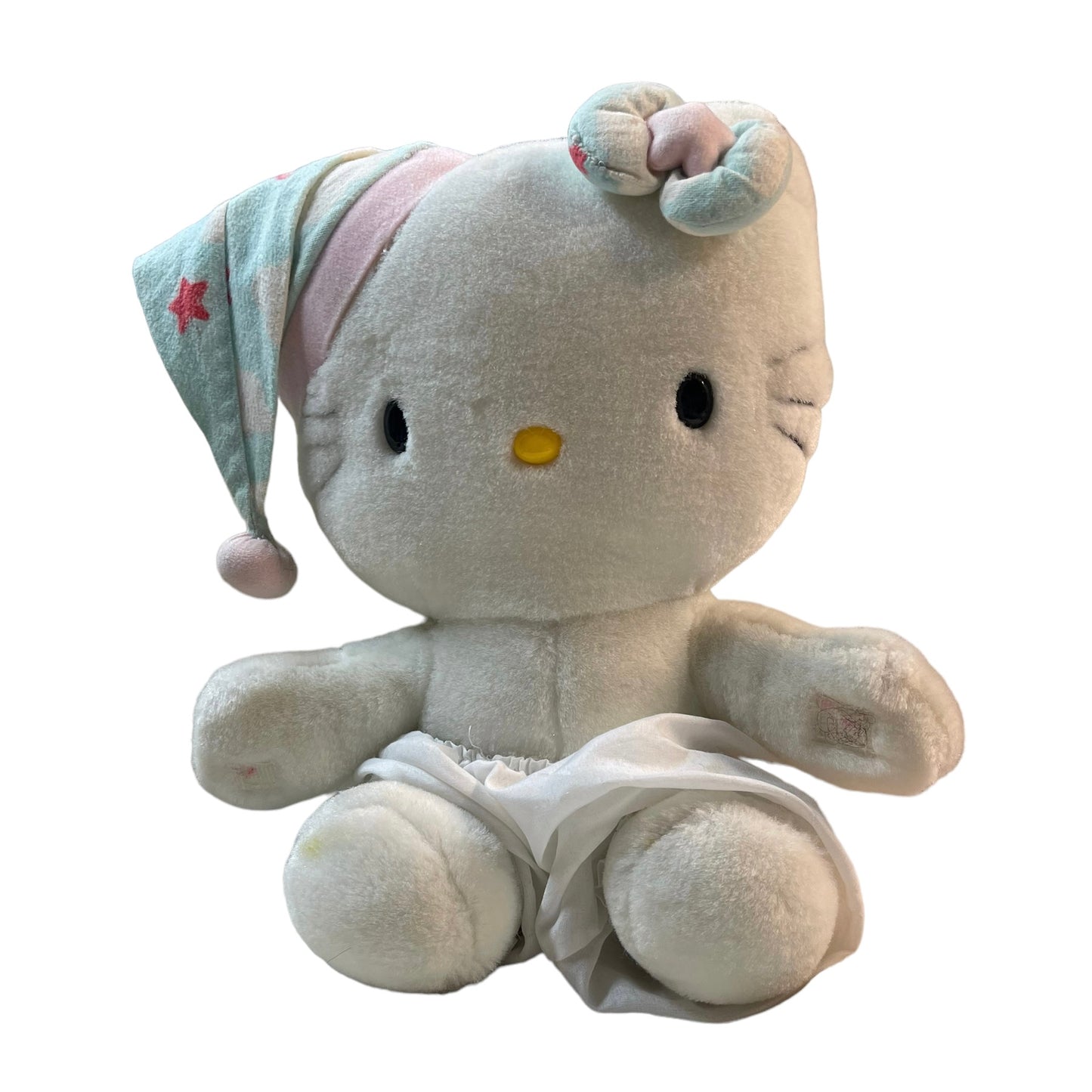 Hello Kitty Seated 12" Plush with Night Cap and Matching Bow in Good Preowned Condition.