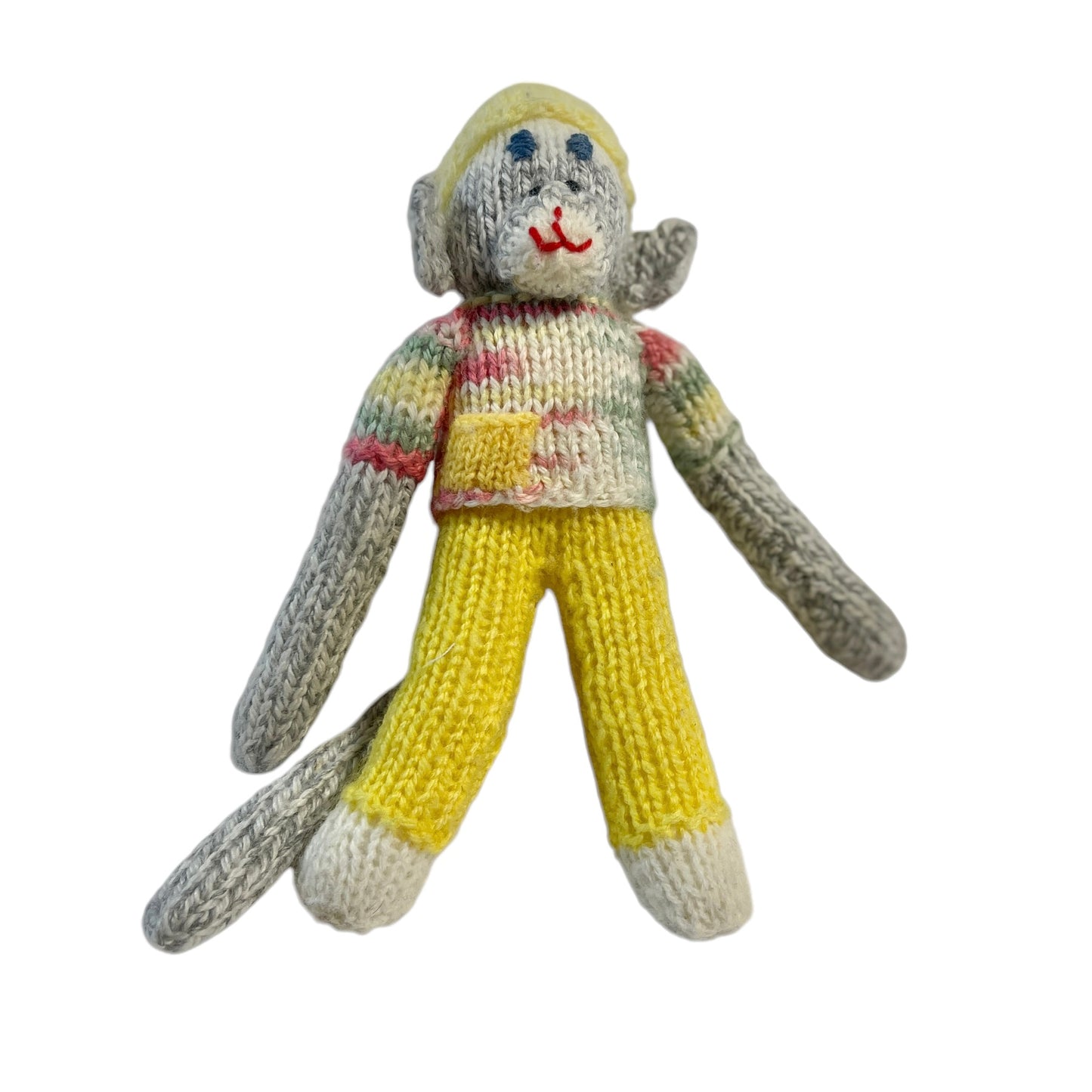 Hand Crafted Grey 9" Monkey, Variegated T-Shirt, Yellow Knit Pants & Cap and Embroidered Face