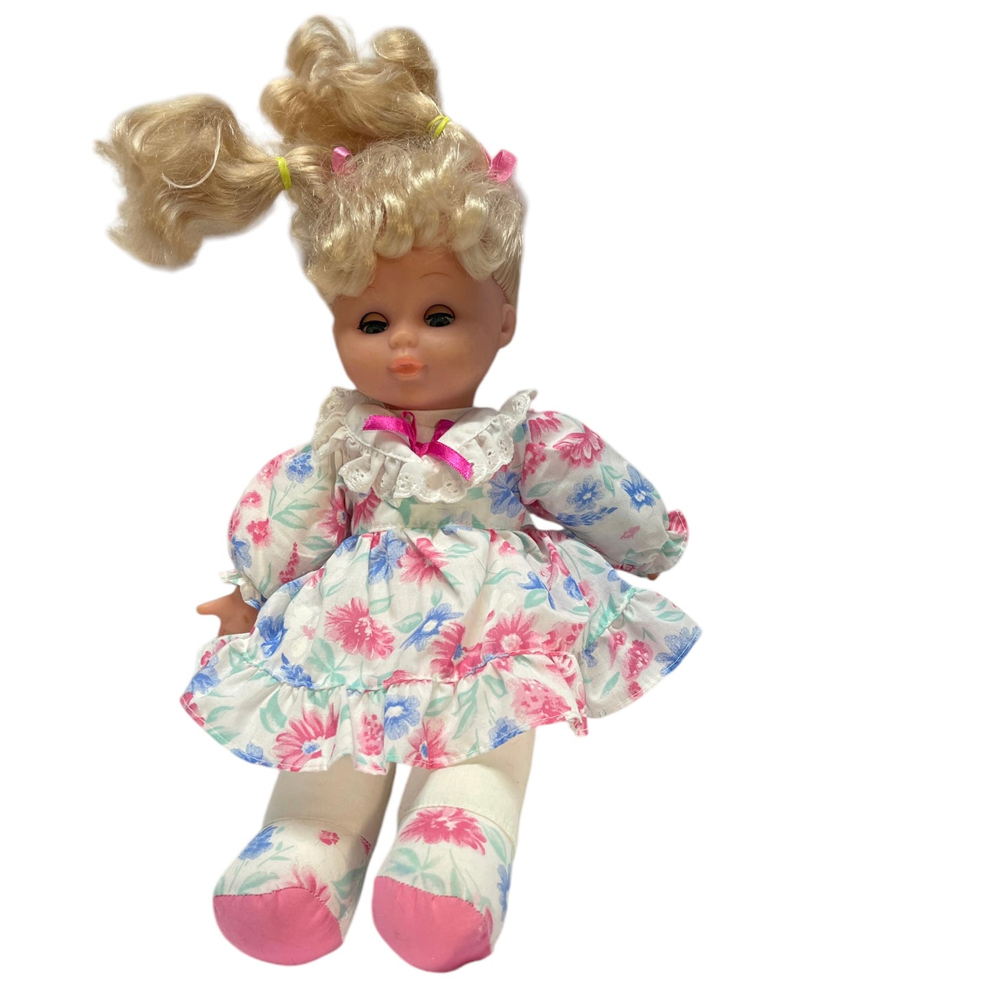 Vintage Vinyl & Plush Hung To Doll, Blond Curls, Open/Close Blue Eyes , Pretty Print Dress/Shoes