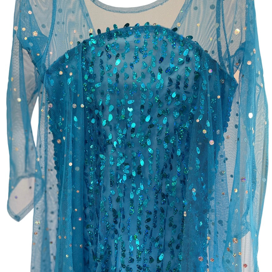 Frozen Turquoise Sequinned Elsa Fancy Dress with Sparkly Mesh Sleeves and Train EUC