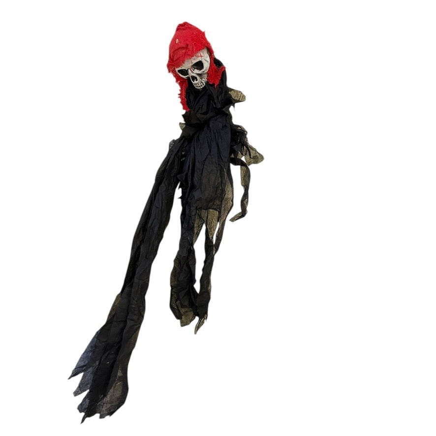 Grim Reaper Skeleton Hanging Indoor/Outdoor Halloween Decor, Black & Red Tatters