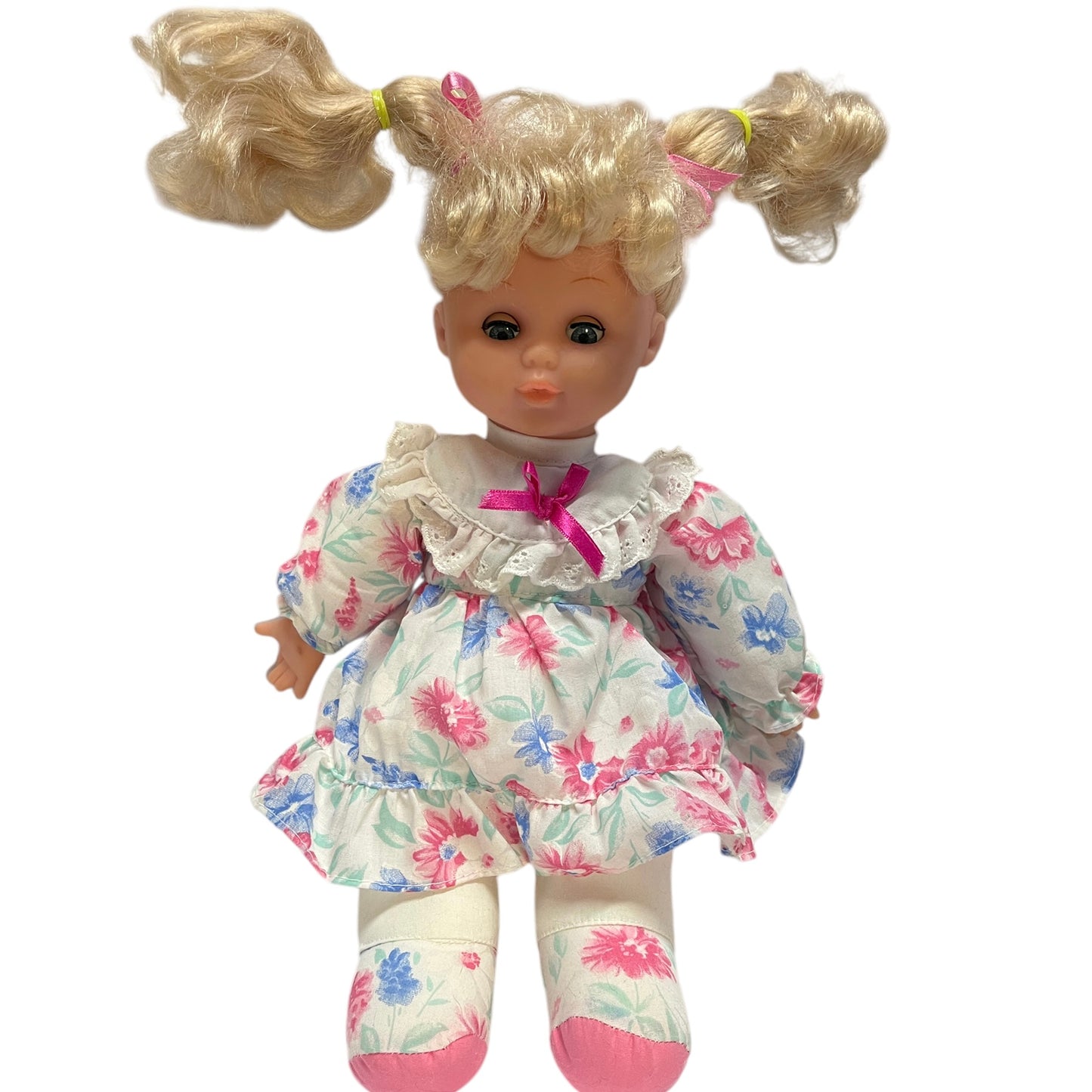 Vintage Vinyl & Plush Hung To Doll, Blond Curls, Open/Close Blue Eyes , Pretty Print Dress/Shoes