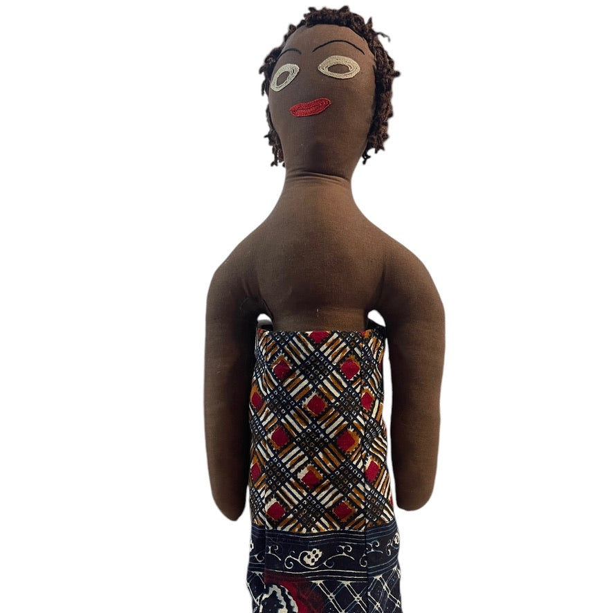 Handmade African Folk Art Mama & Baby Doll in Traditional Print Dress and Baby Wrap/Signature