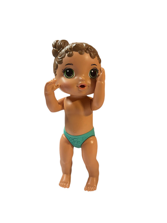 Baby Alive 12" Vinyl Doll, Aqua Panties, Tawny Skin, Green Eyes & Chocolate Brown Hair