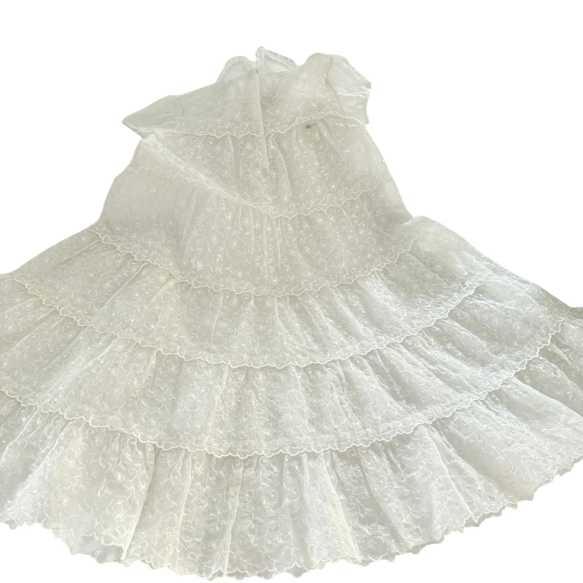 Exquisite Vintage Sheer Lace Christening Gown, Lace Rimmed Tiers, Satin Ribbon & Vintage Snaps