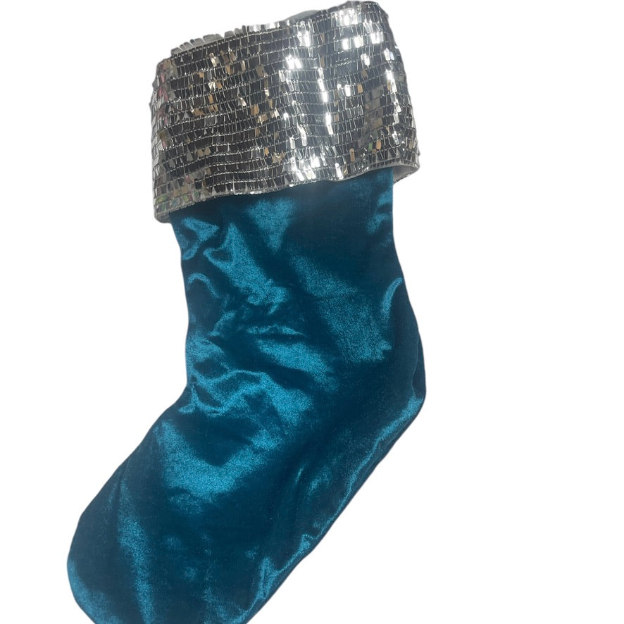 Holiday Sparkle Christmas Stocking  Silver Sequinned Cuff on a Shiny Peacock Blue Sock