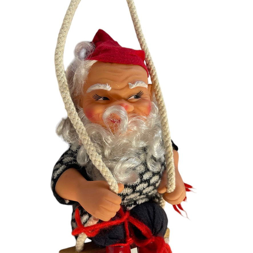 Rubber Faced Vintage Swedish Christmas Elf on a Swing, Flowing White Beard, Gap Toothed Grin