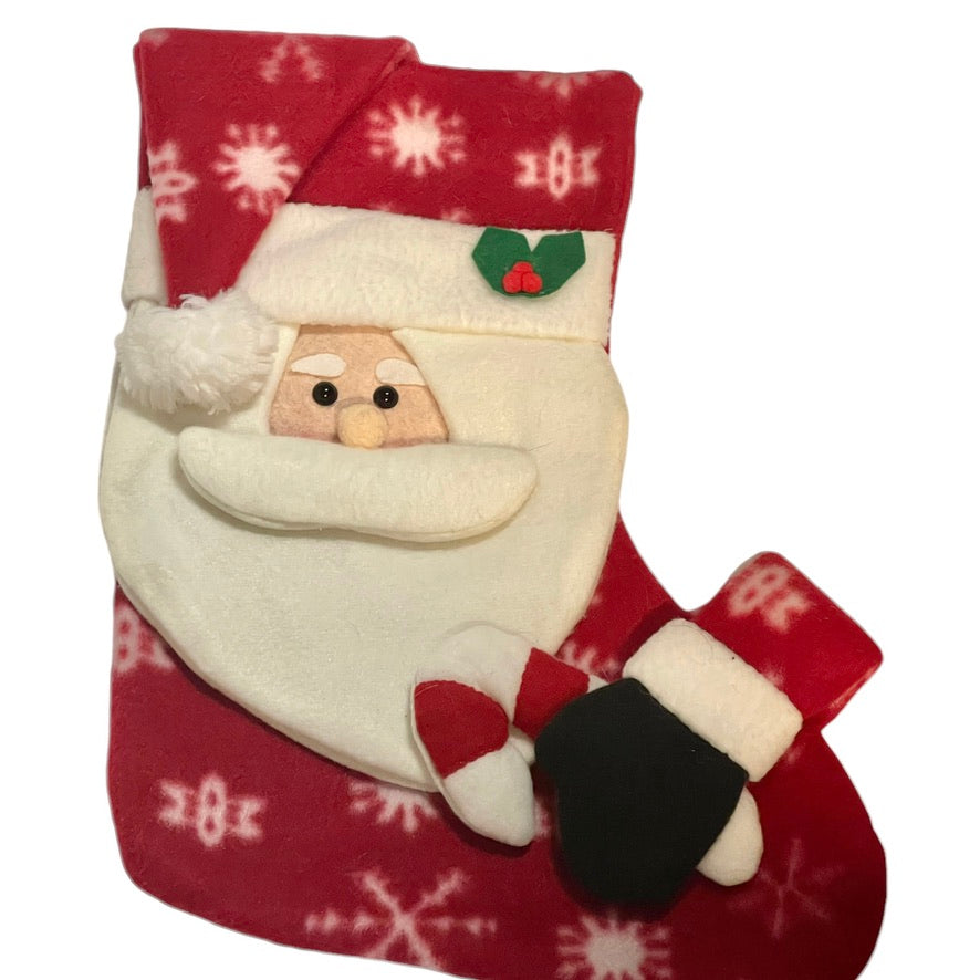 3D Santa in a Nightcap Christmas Stocking, 15" Tall, 11" Foot, Padded Embellishments, EUC