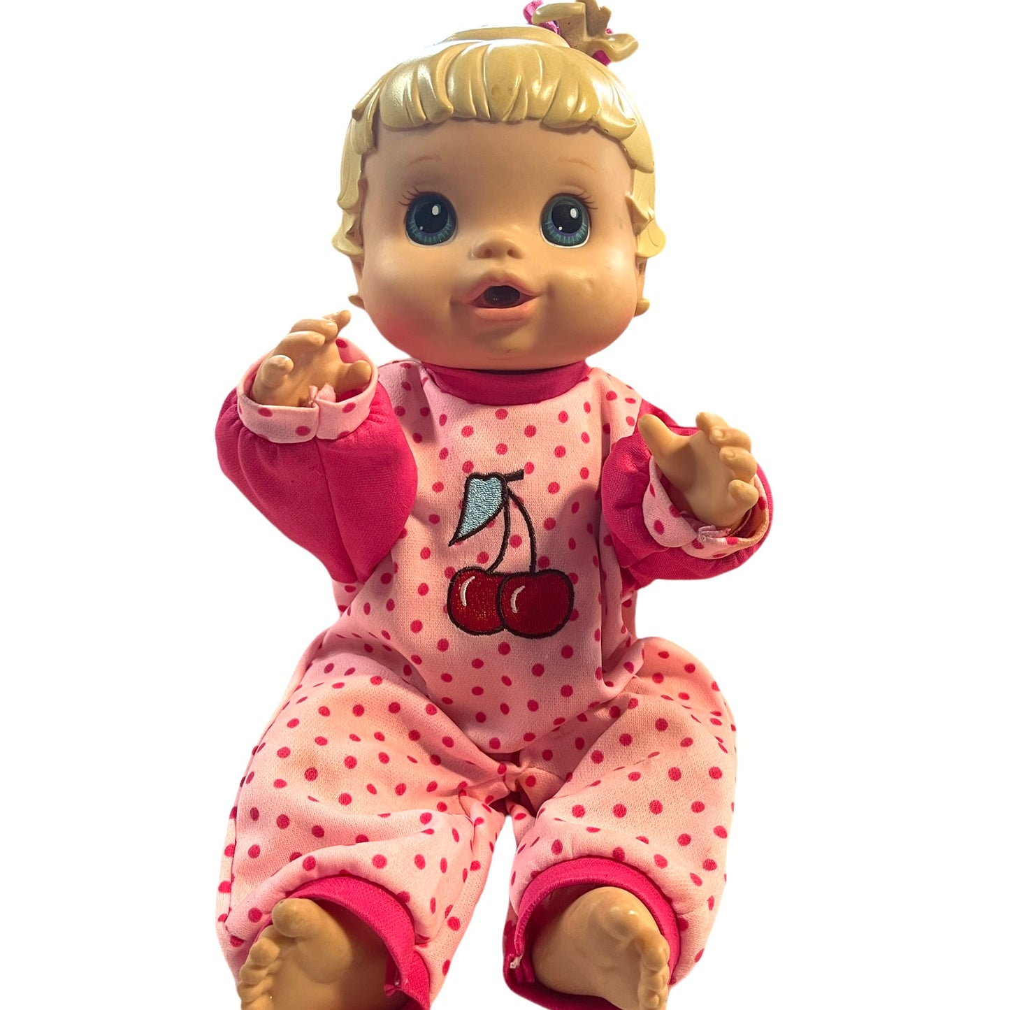 Baby Alive Drink & Wet 13" Baby Doll Hasbro 2008 Pink Romper with Cherries Blond/Blue Eyes