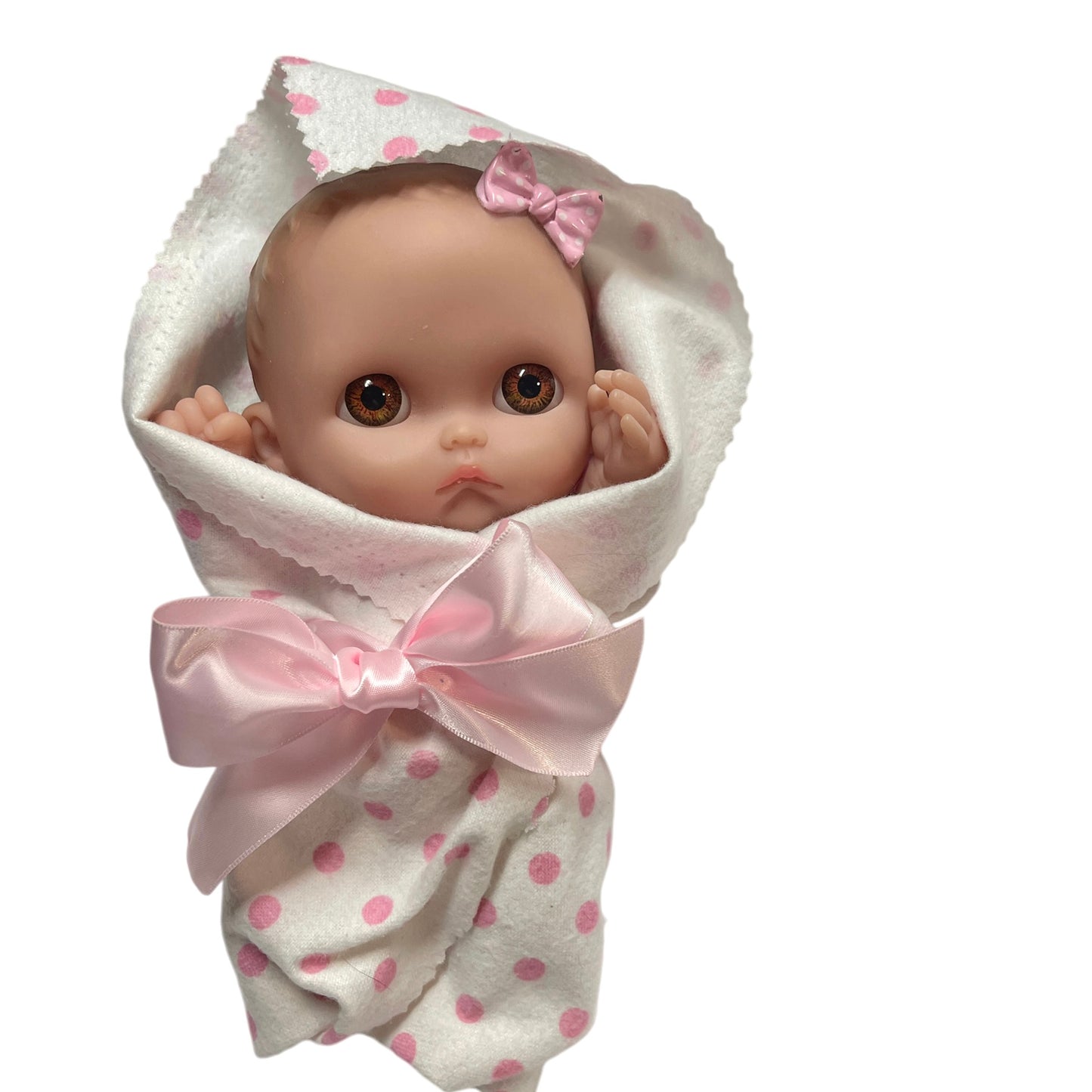 9" Berenguer Posable Pouting L'il Cutie Vinyl Baby Doll, Vinyl Bow & Sweet Ladybug Romper EUC