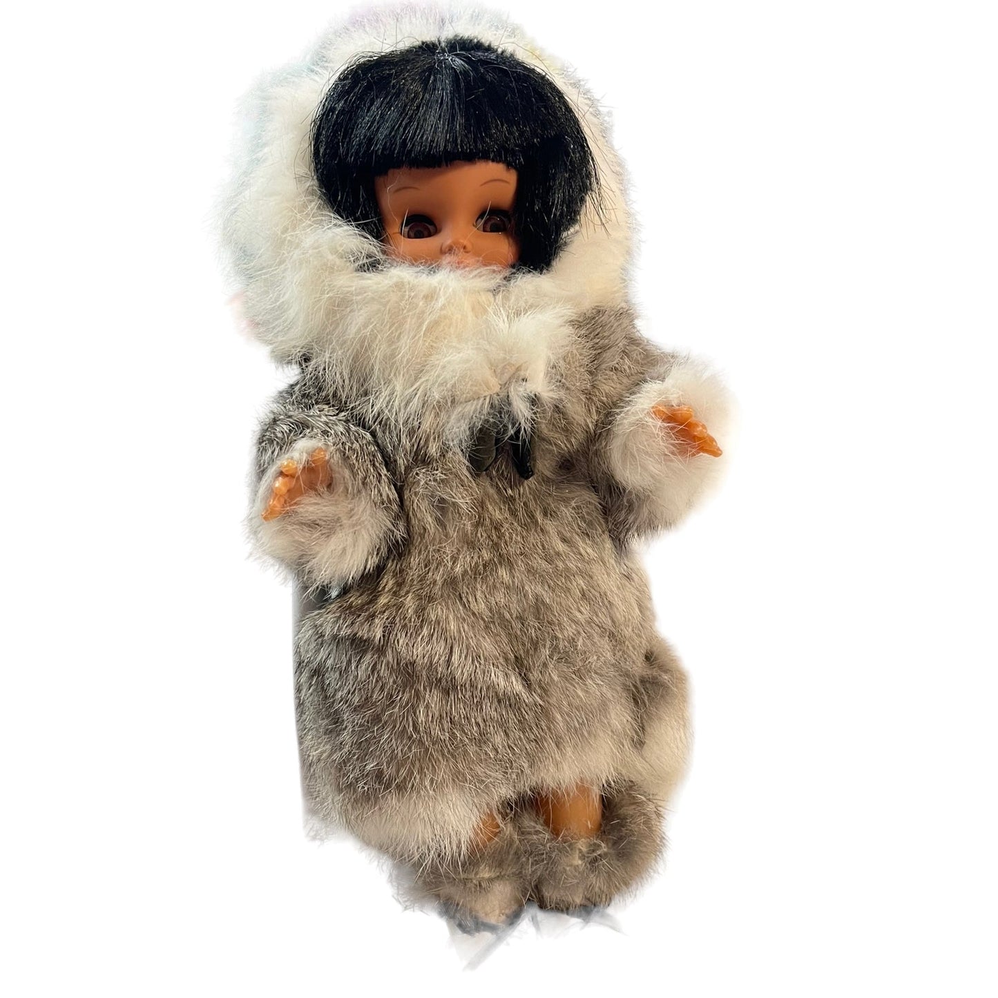 Preloved 14"  Vinyl Inuit Doll with Traditional Rabbit Fur Clothing