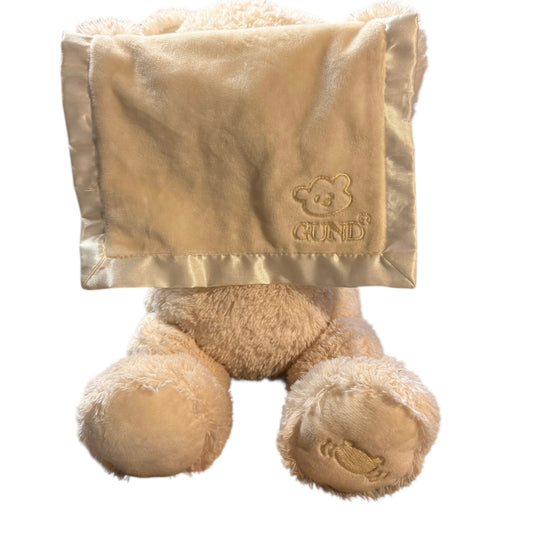 Gund Cream Animated Peek-a-Boo Teddy Bear with Satin Trimmed Blanket in EUC