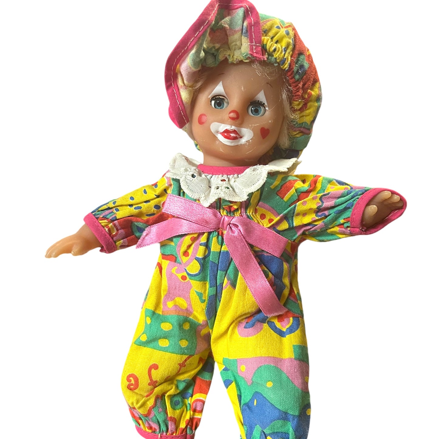 Tiny TurkishClown Faced  Doll In Bright Printed Romper & Matching Cap,  9" in GUC