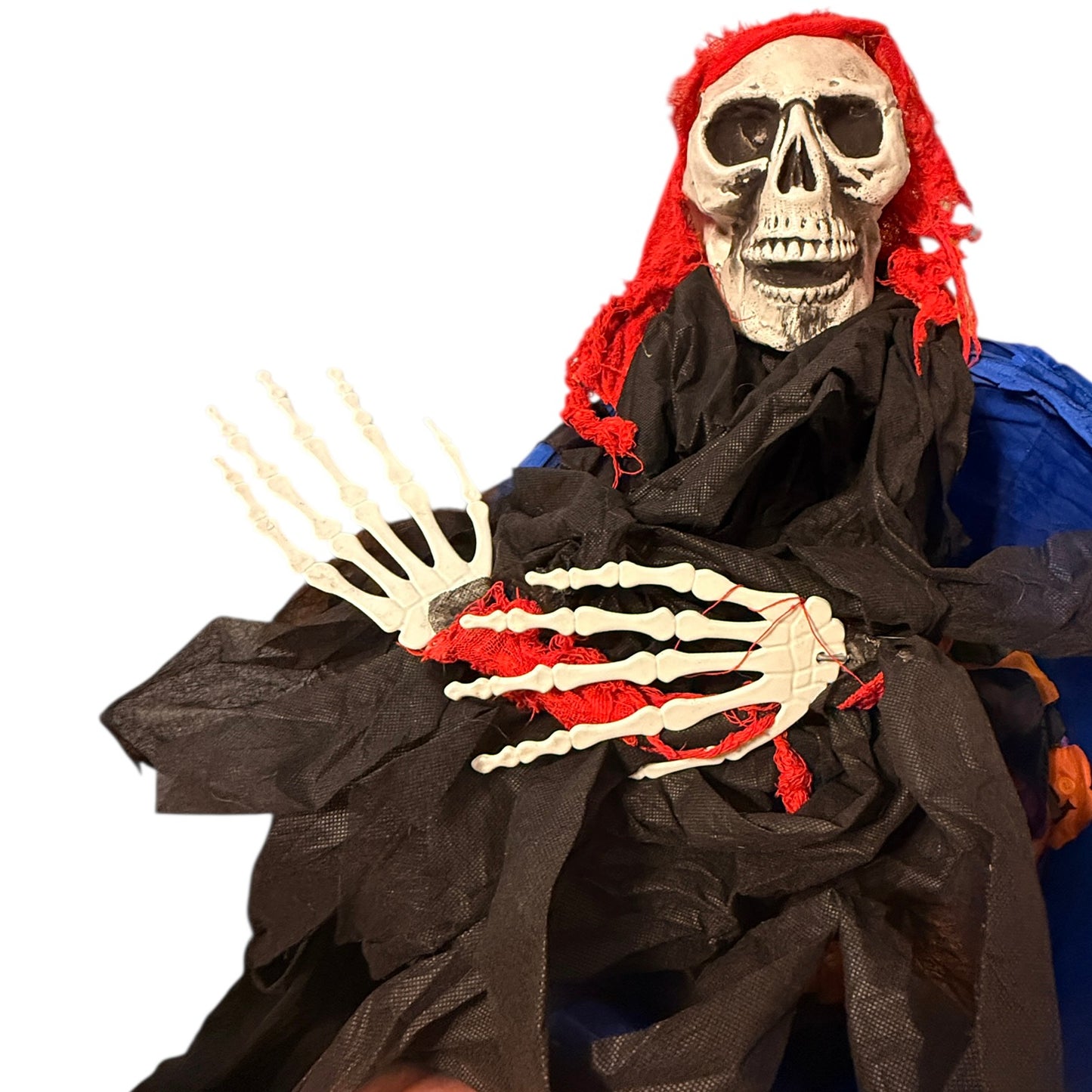 Grim Reaper Skeleton Hanging Indoor/Outdoor Halloween Decor, Black & Red Tatters