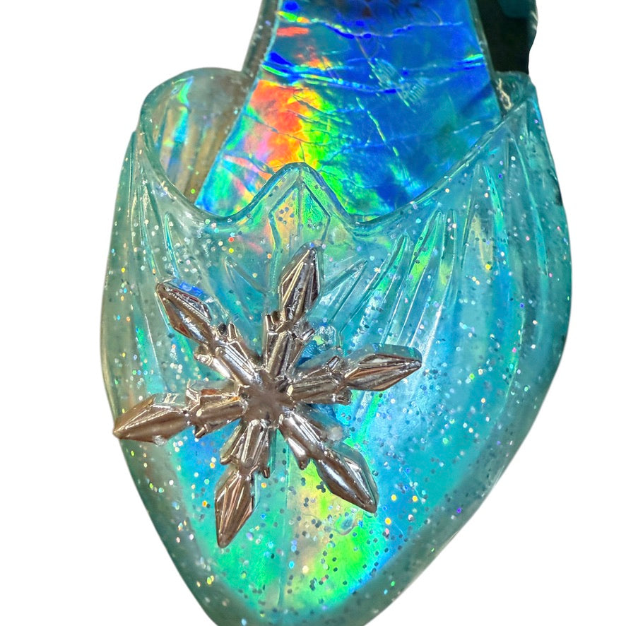 Disney Frozen Elsa Shoes, Sparkly Aqua, Light Up Heels & Snap Buckle with Silver Snowflake