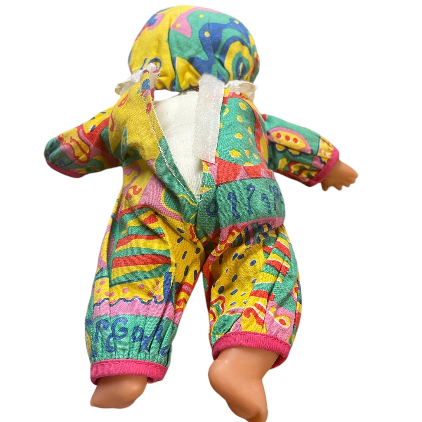 Tiny TurkishClown Faced  Doll In Bright Printed Romper & Matching Cap,  9" in GUC