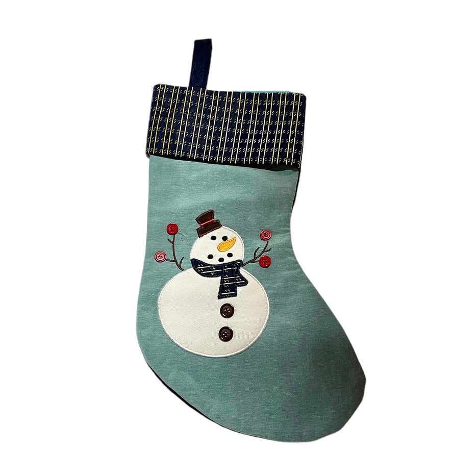 Fabric Christmas Stocking with Appliqued Snowman Complete with Button Accents