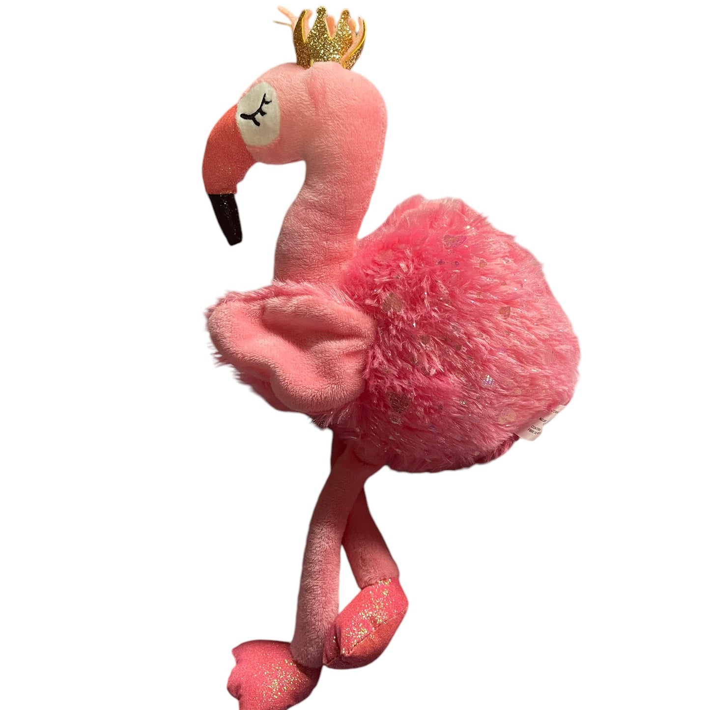 Pink Flamingo, Fluffy,Shiny and Very Sparkly!, Gold Crown, Embroidered Closed Eyes, Long Legs!