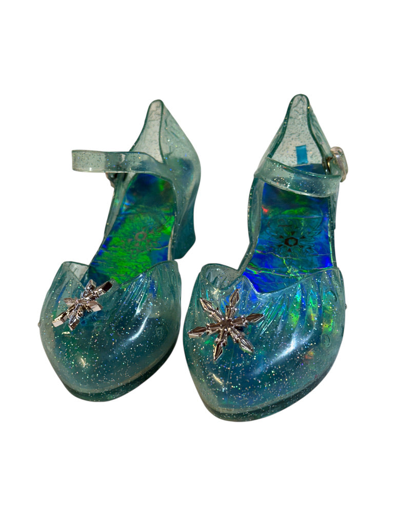 Disney Frozen Elsa Shoes, Sparkly Aqua, Light Up Heels & Snap Buckle with Silver Snowflake