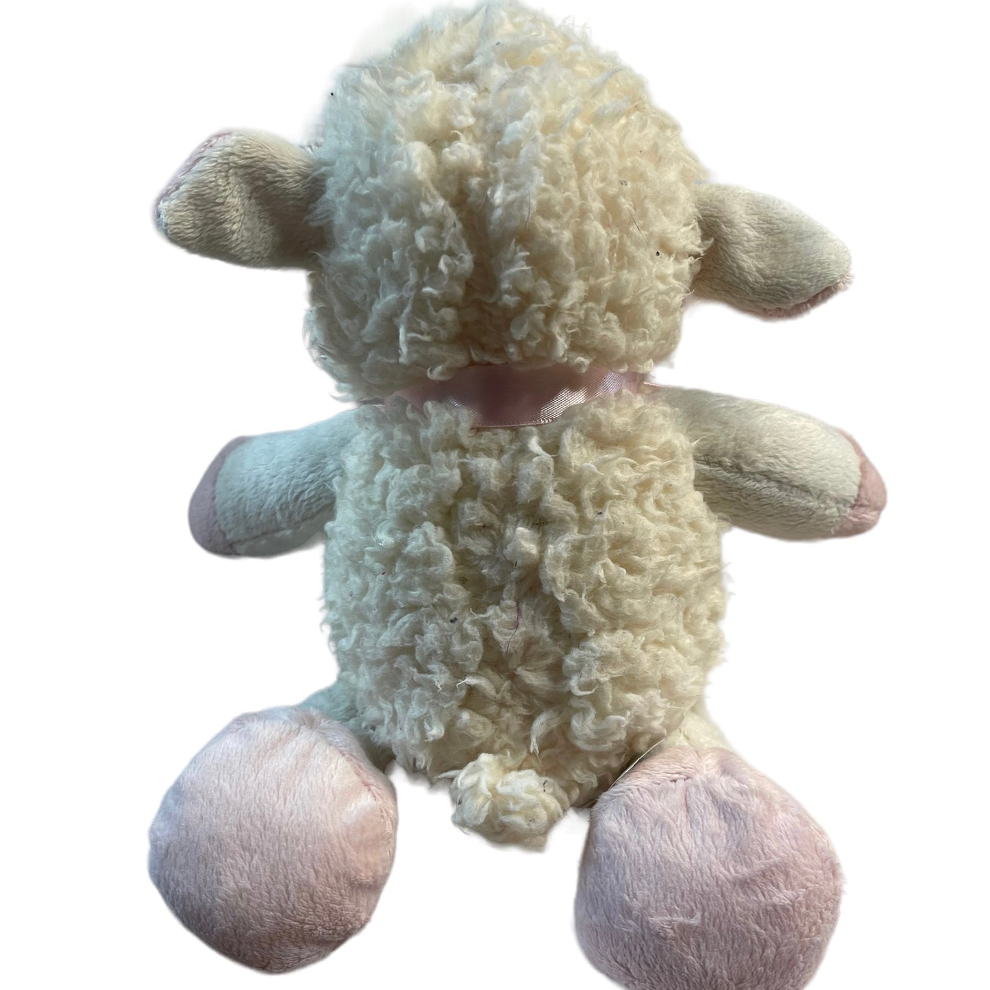 Fiesta Stuffed Sherpa Sheep With Pink Bunny Slippers and Pink Satin Bow