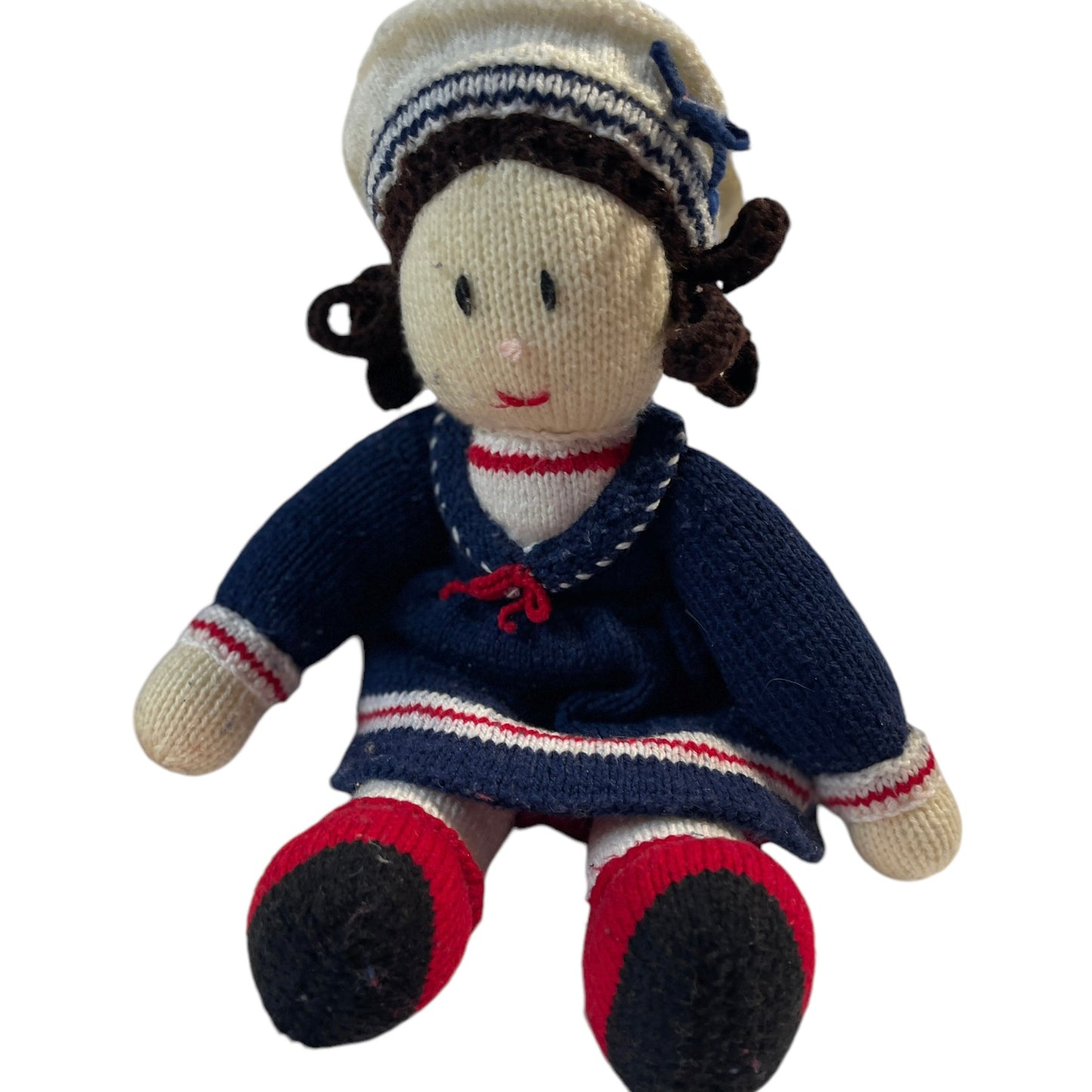 Jean Greenough Designs Vintage Hand Knit/ Crocheted 17" Sailor Girl Doll Preloved in Good Condition