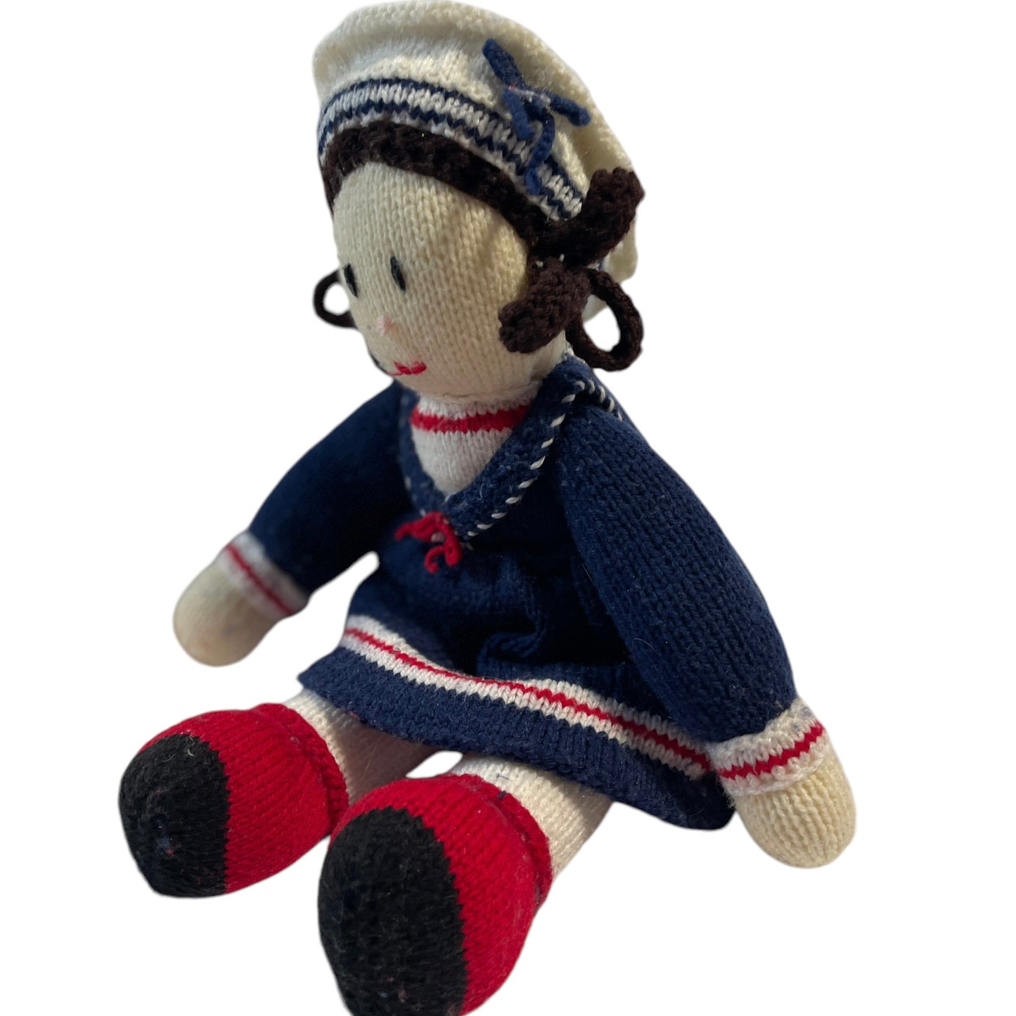 Jean Greenough Designs Vintage Hand Knit/ Crocheted 17" Sailor Girl Doll Preloved in Good Condition