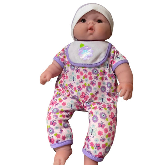 Berenguer 12" Vinyl & Cloth Baby Doll with Shiny Brown Eyes & Cute Floral Onesie