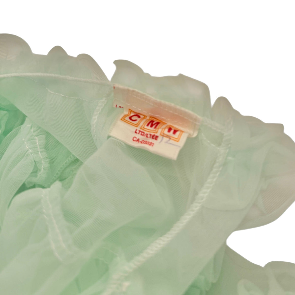 Canadian Made Vintage Sheer Mint Baby Dress with Cascading Ruffles & Rose Applique