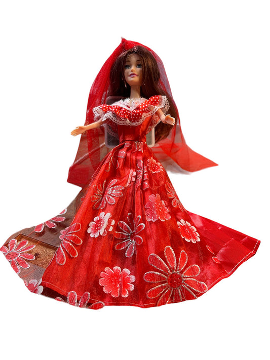 Beautiful Brunette Fashion Doll in Red Floral Sparkle Dress,Tulle Veil &Hoop Earrings