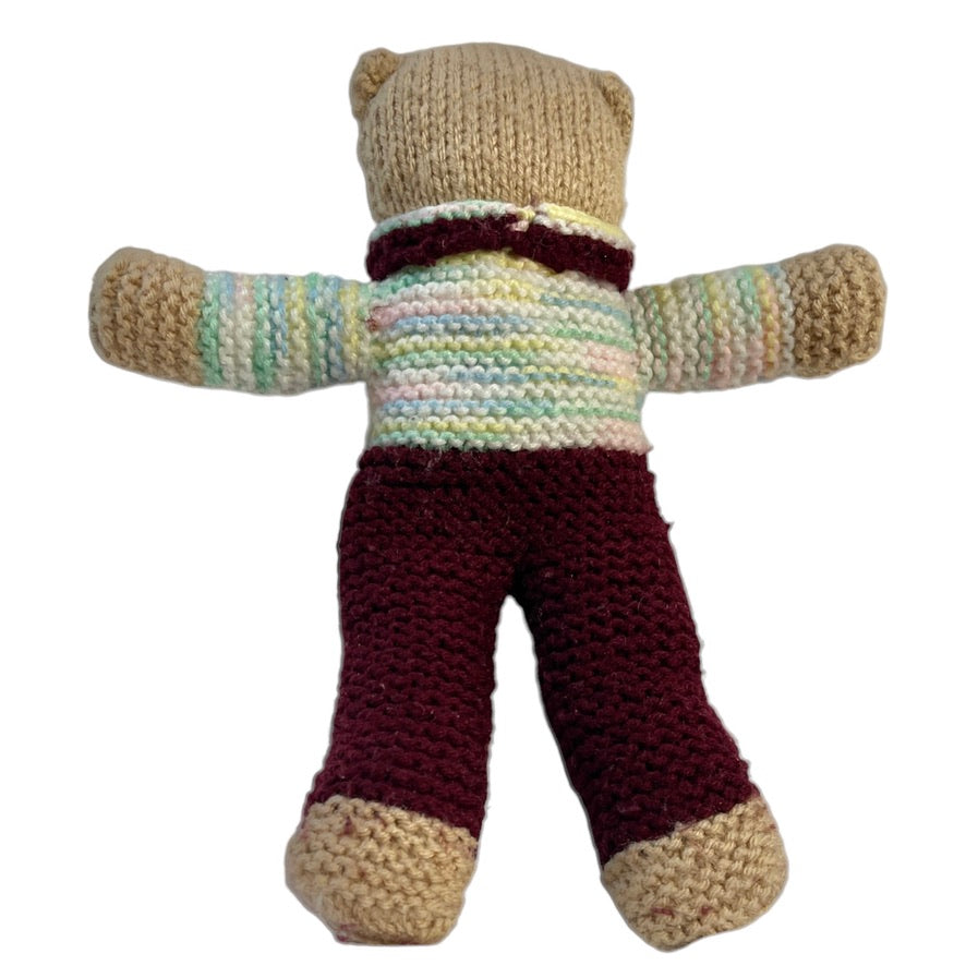 Handknit 14" Baby Bear Stuffed Animal Plush Toy, Tan & Brown, Variegated Blue Yellow Top, GUC