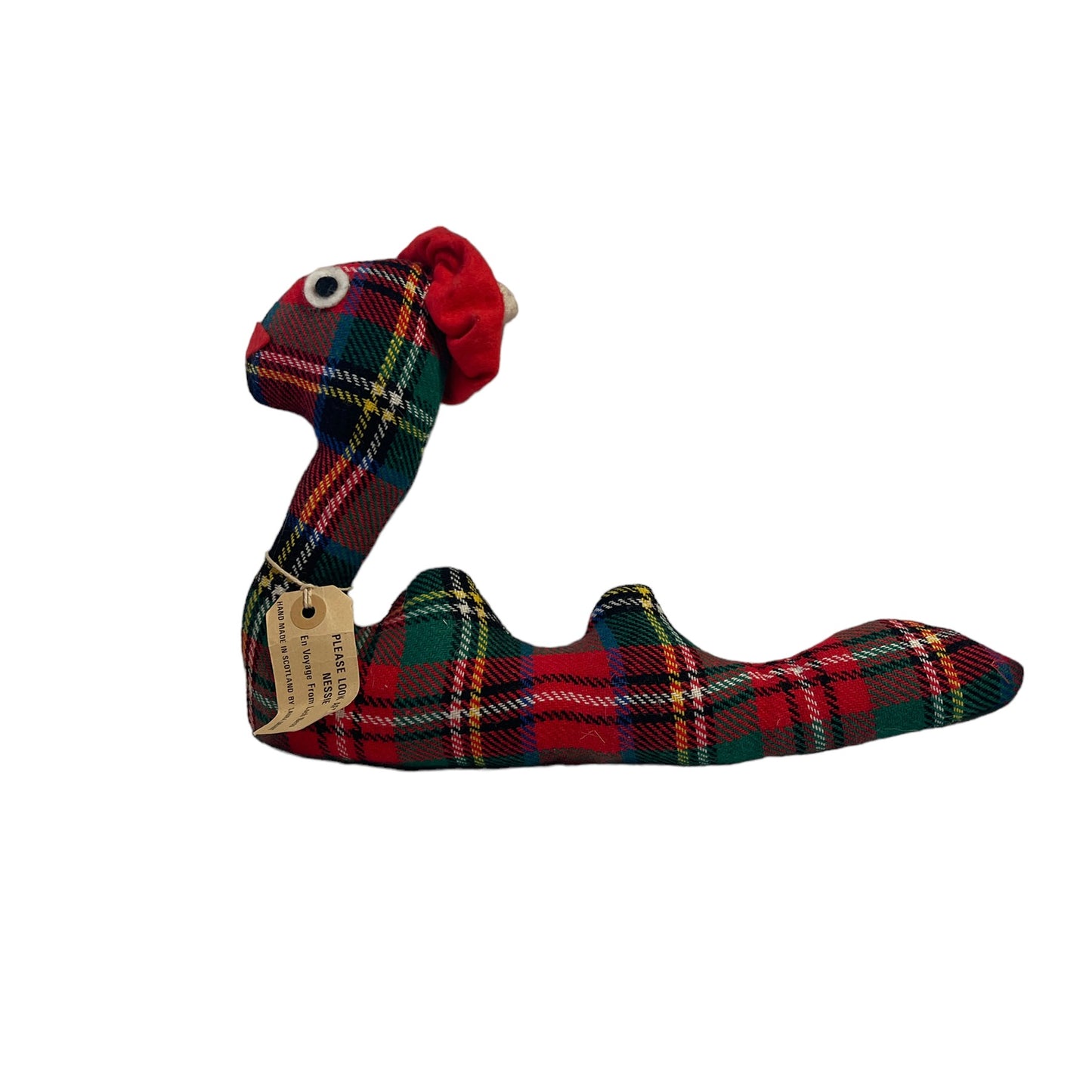 Vintage Nessie, Loch Ness Red Tartan Plush Handmade by Laura Grant Circa 1960's