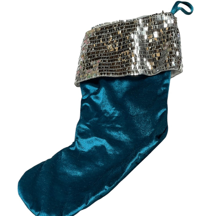 Holiday Sparkle Christmas Stocking  Silver Sequinned Cuff on a Shiny Peacock Blue Sock