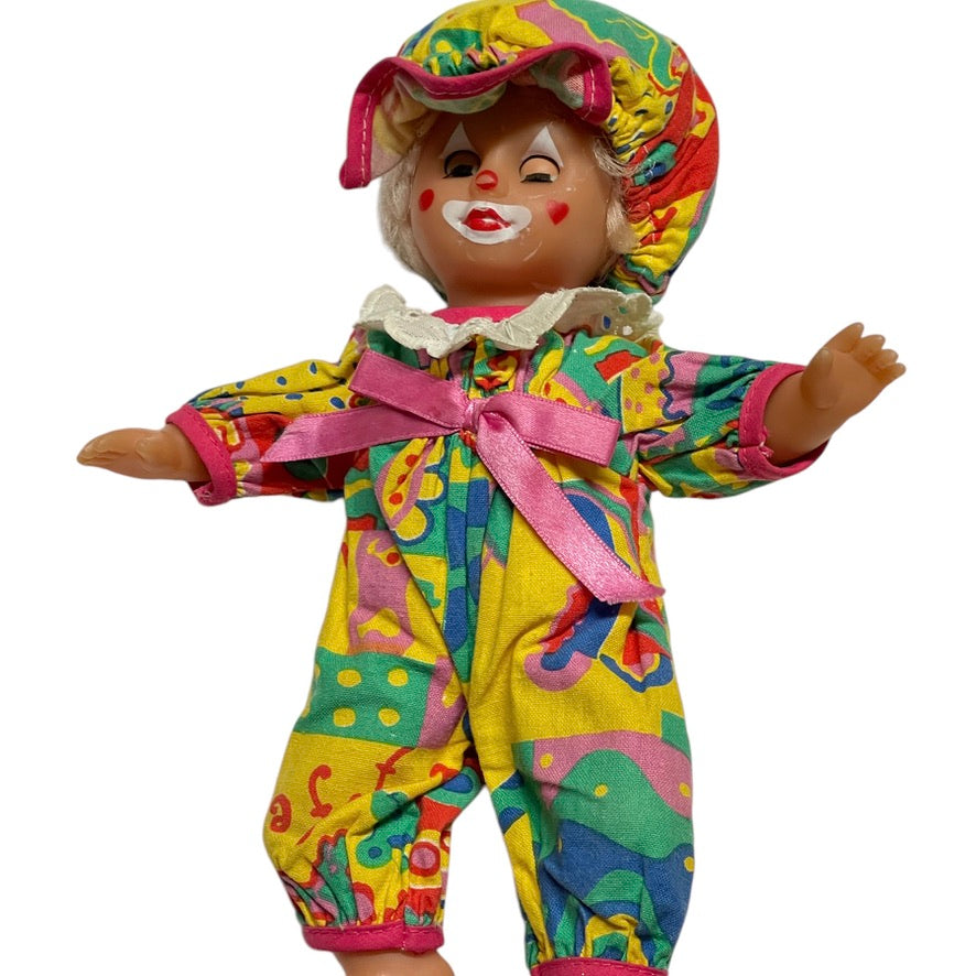 Tiny TurkishClown Faced  Doll In Bright Printed Romper & Matching Cap,  9" in GUC