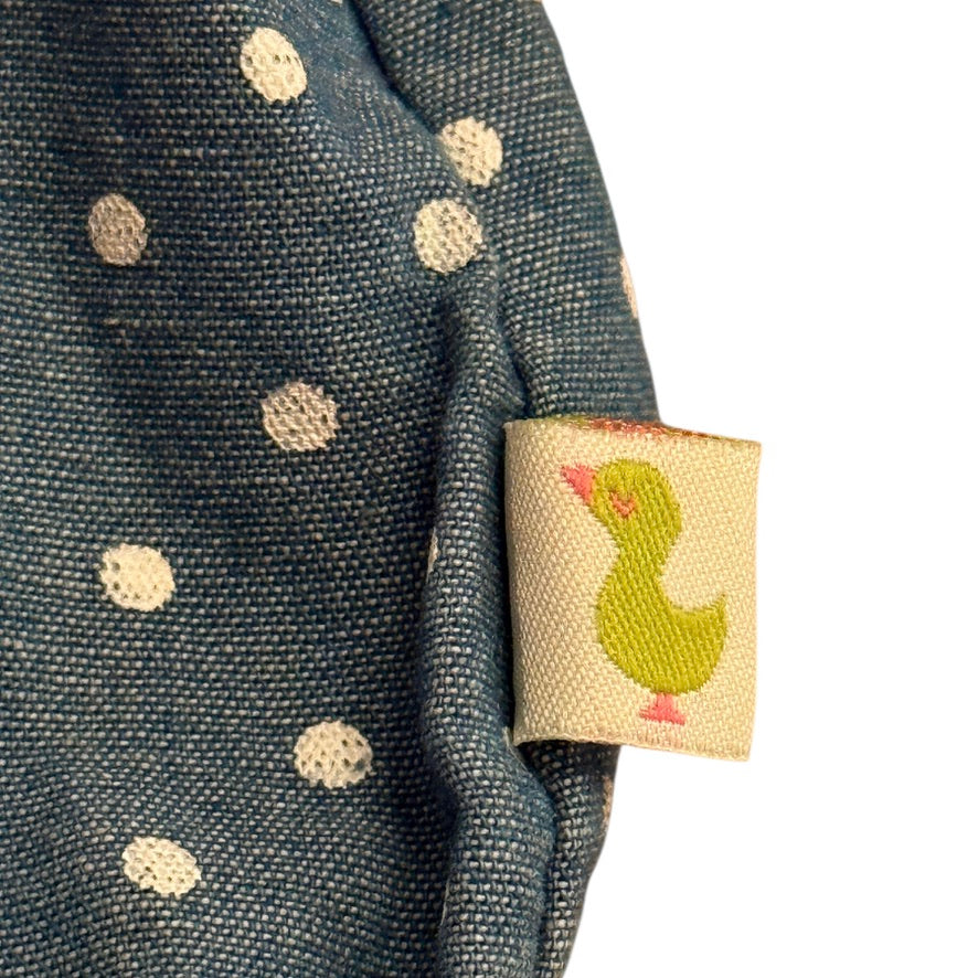 Duck Duck Goose Denim Blue Romper with Pink Polka Dots, Satin Bow and a Pretty Applique