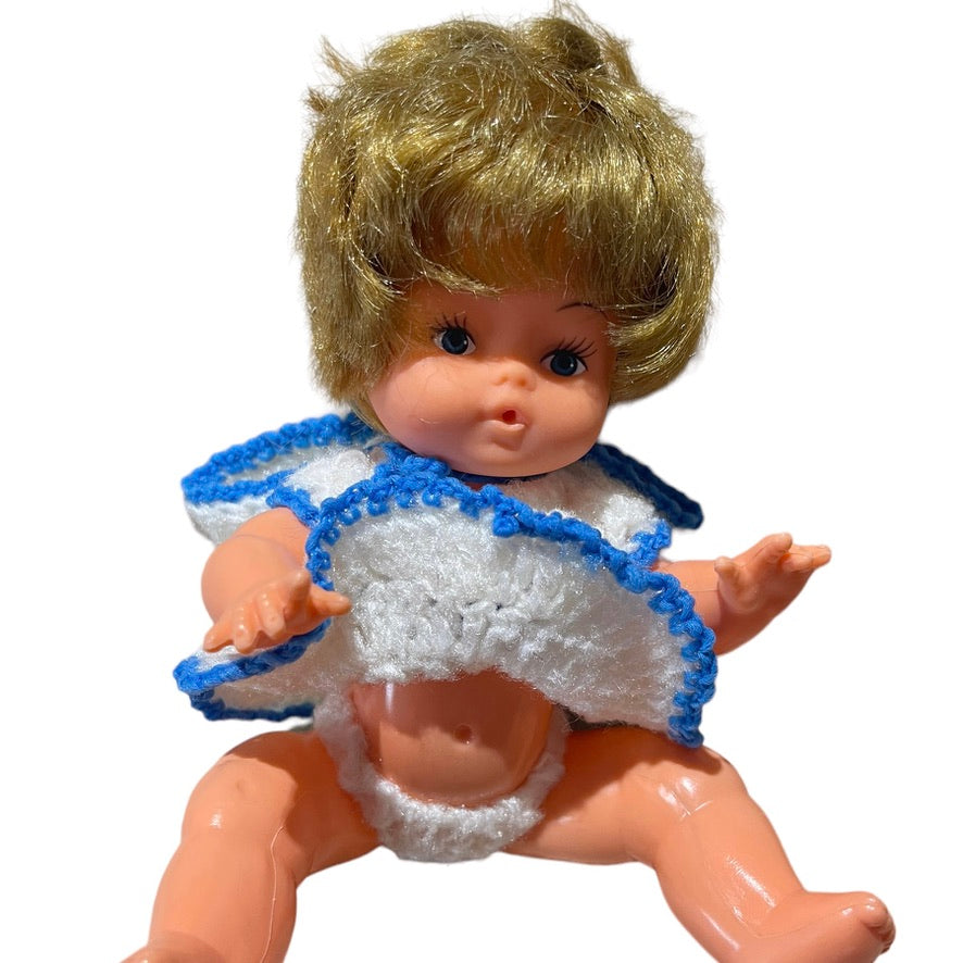Vintage Blue Box Made in Hong Kong Drink & Wet Baby Doll in Knit White & Blue Outfit