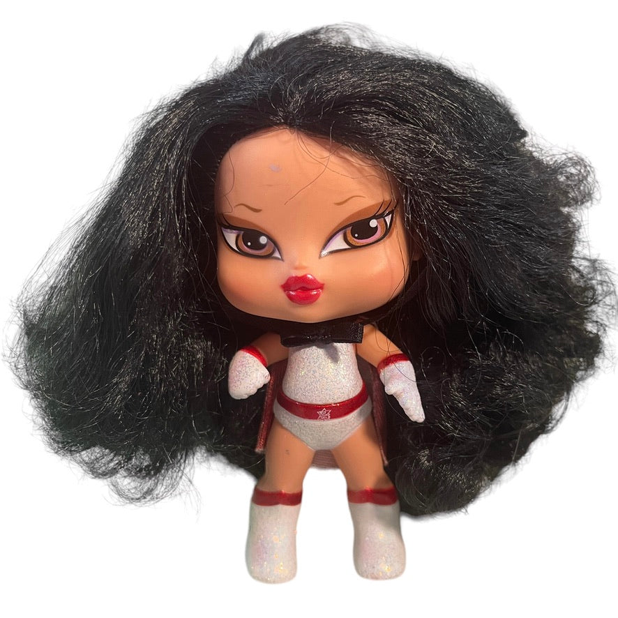 Bratz Super Babyz Superhero, 'Jade,' 5" Doll Luxurious Black Hair White & Red Glitter Outfit with Cape