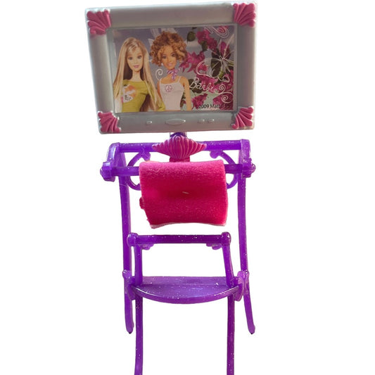 Barbie House Replacement Flat Screen TV on a Purple Stand 7" in Good Preowned Condition