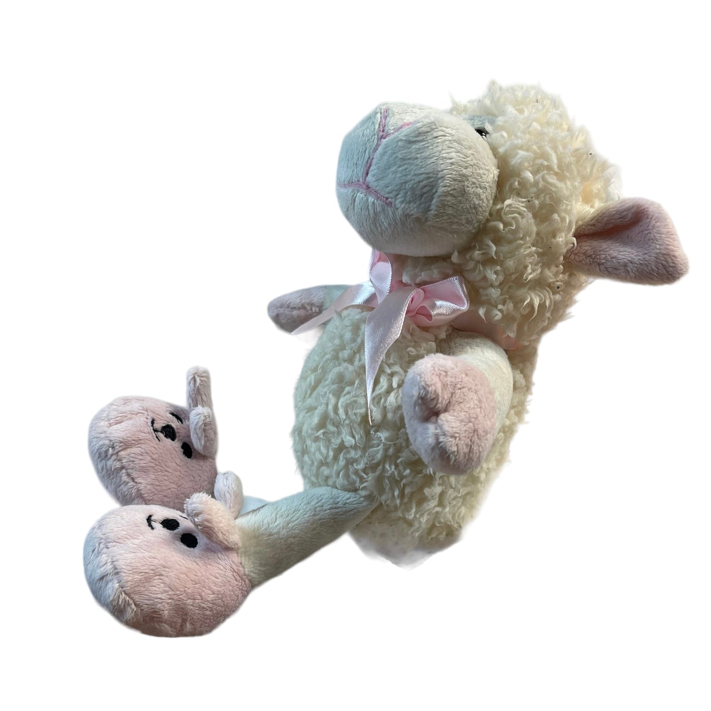 Fiesta Stuffed Sherpa Sheep With Pink Bunny Slippers and Pink Satin Bow